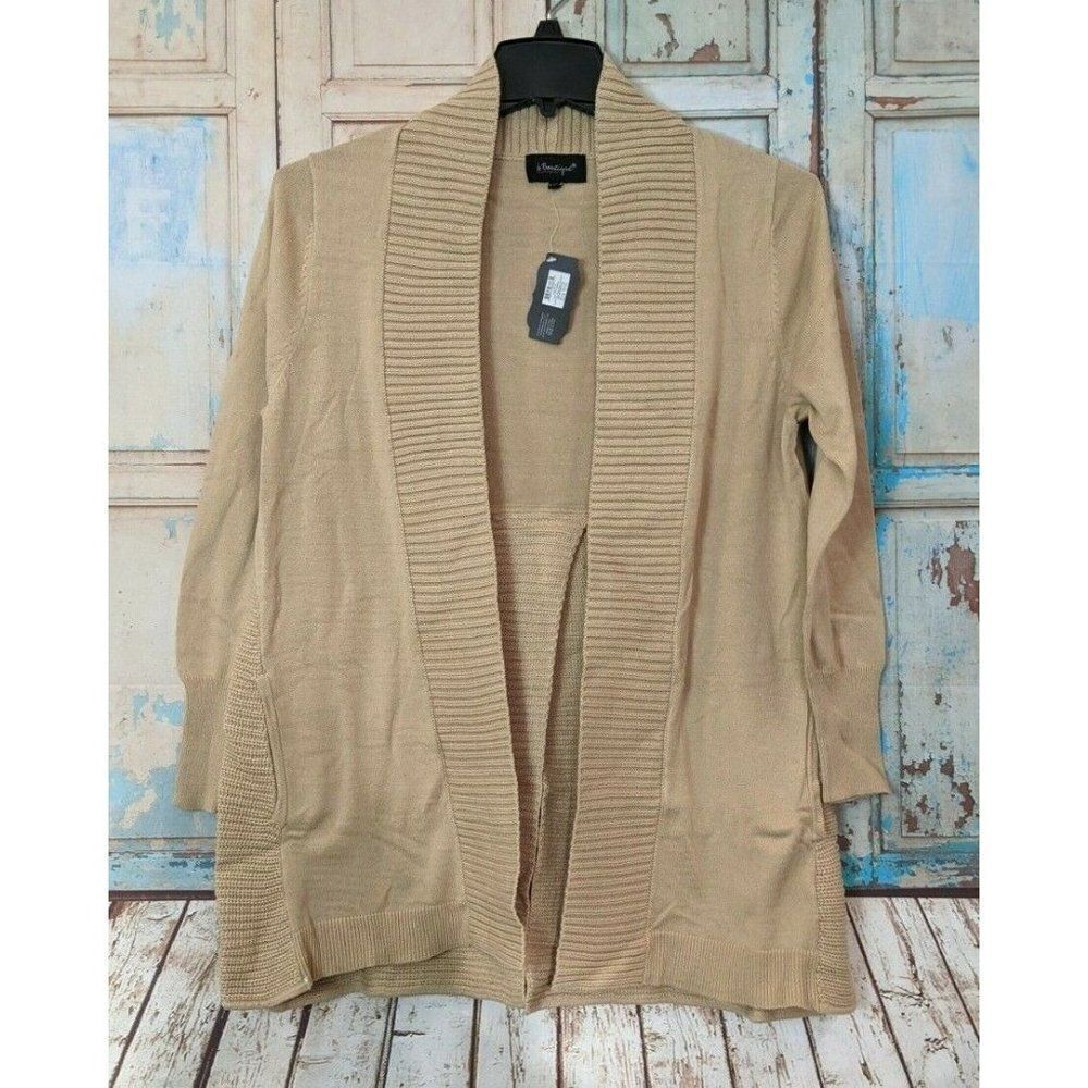 B Boutique by Evergreen Womens L/XL Tan Back Slit Open Front Cardigan Sweater